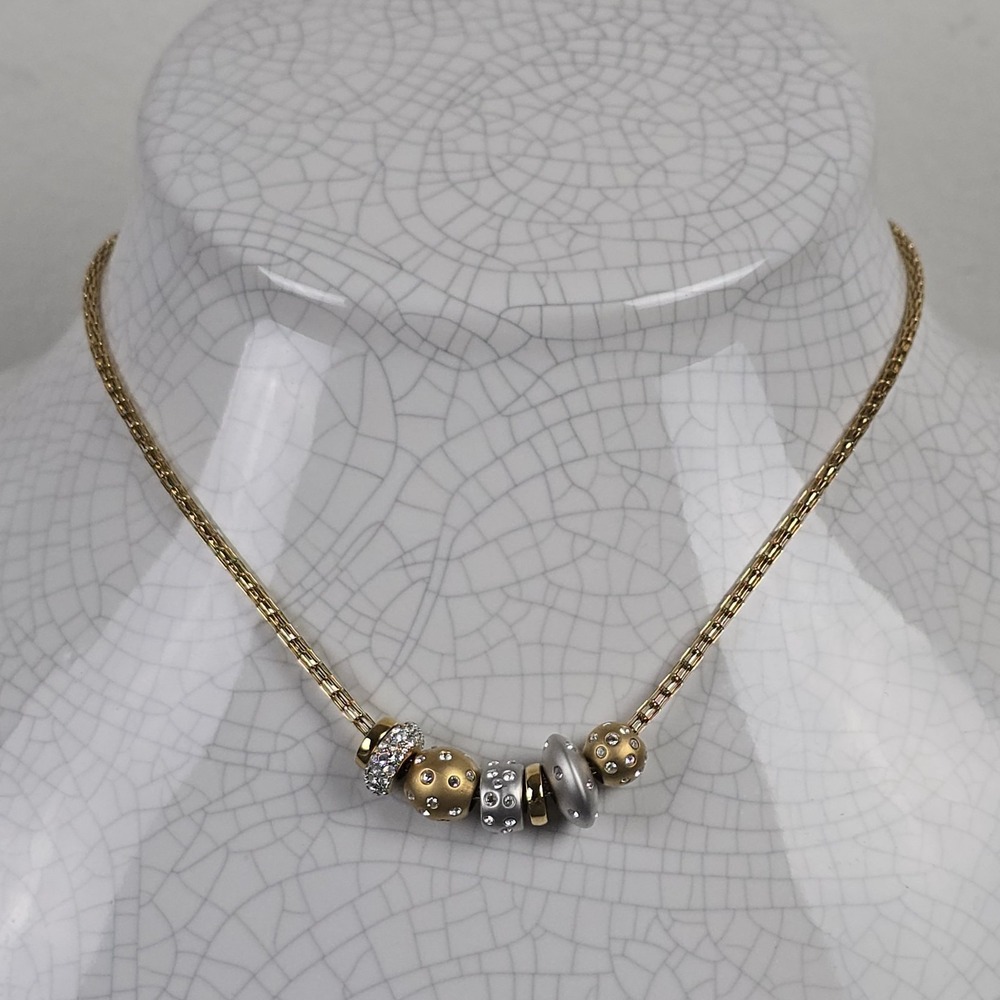 Swarovski Gold Tone Crystal Bead‎ Necklace 15" Signed Fold Over Clasp